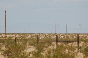 Looking toward the west, creosote, fencing, telephone poles, and distant mountains.